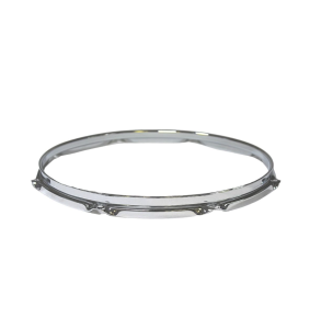 Chrome snare hoop for a snare drum, circular with notches for tuning rods.