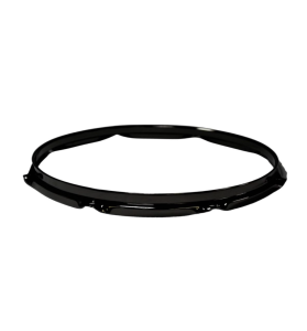 Black snare hoop for a snare drum, circular with notches for tuning rods.