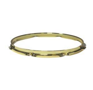Gold snare hoop for a snare drum, circular with notches for tuning rods.