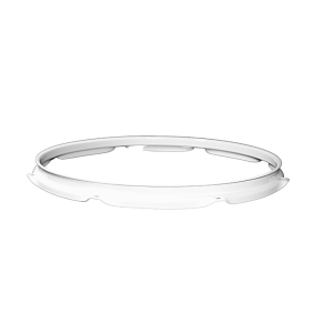 White snare hoop for a snare drum, circular with notches for tuning rods.